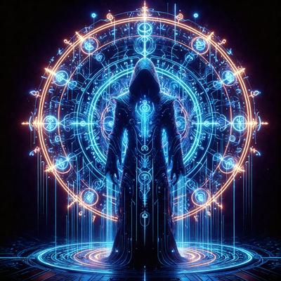 The primary subject of the image is a person, possibly a woman, dressed in a long black robe. The person appears to be standing in a circle with a blue background. The visual style of the image is digital art, and the colors and mood are predominantly blue, creating a serene and mysterious atmosphere.